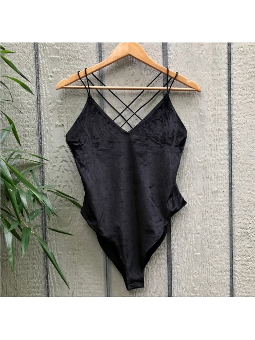 H&M Divided Black Velvet Strappy Cheeky Tank Bodysuit Women’s Size Medium